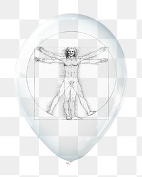 PNG Vitruvian man in clear balloon, Leonardo da Vinci's famous artwork, transparent background, remixed by rawpixel