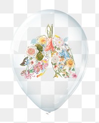 Air pollution png, floral lungs in clear balloon, transparent background