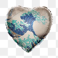 Hokusai's Japanese wave png heart balloon sticker, traditional painting on transparent background, remixed by rawpixel