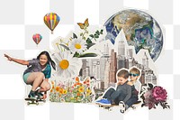 Children’s day png sticker, surreal cityscape  mixed media transparent background