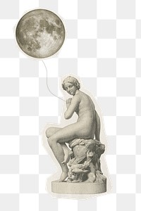 Statue and moon png sticker, surreal design mixed media transparent background