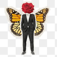 Surreal head png sticker, butterfly wing man collage art transparent background