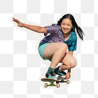 Girl skateboarding png sticker, rough cut paper effect, transparent background
