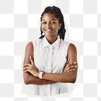 Confident businesswoman png sticker, African woman rough cut paper effect, transparent background