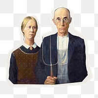 Png American Gothic vintage painting sticker, Grant Wood rough cut paper effect, transparent background, remixed by rawpixel