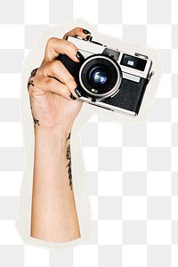 Png camera in hands  sticker, hobby rough cut paper effect, transparent background