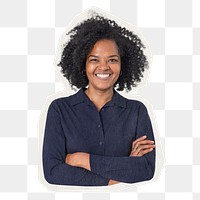 African businesswoman png sticker, confident look rough cut paper effect, transparent background