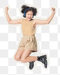 Woman jumping png sticker, wearing headphone rough cut paper effect, transparent background