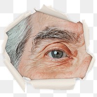 Png senior man eye badge sticker, person in center ripped paper photo, transparent background