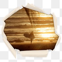 Surfer sunset png badge sticker, beach in center ripped paper photo, transparent background