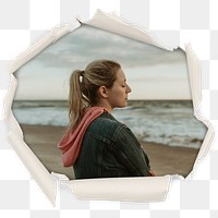 Lonely woman png badge sticker, beach in center ripped paper photo, transparent background