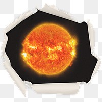 Glowing sun png badge sticker, solar system in center ripped paper photo, transparent background