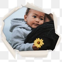 African baby png badge sticker, family in center ripped paper photo, transparent background