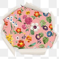 Floral pattern png badge sticker, flower in center ripped paper photo, transparent background