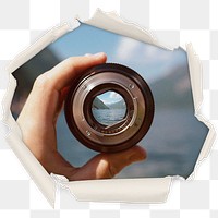 Through lens png badge sticker, travel in center ripped paper photo, transparent background