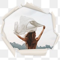 Png woman holding white cloth in wind badge sticker, travel in center ripped paper photo, transparent background