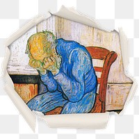 Png At Eternity's Gate by Vincent Van Gogh badge sticker, famous painting in center ripped paper photo, transparent background