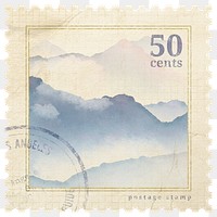 Png watercolor landscape stamp sticker, transparent background