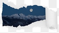 Snow mountain png night ripped paper sticker, nature photo reveal on transparent background