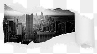 Grayscale cityscape png ripped paper sticker, buildings photo reveal on transparent background