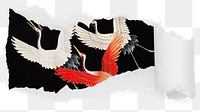 Flying cranes png ripped paper sticker, bird illustration reveal on transparent background