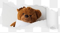 Teddy bear png ripped paper sticker, childhood photo reveal on transparent background