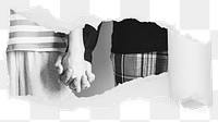 Png people holding hands ripped paper sticker, relationship photo reveal on transparent background