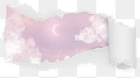 Aesthetic purple png sky ripped paper sticker, crescent moon illustration reveal on transparent background