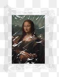 Mona Lisa png plastic packaging sticker, transparent background, remixed by rawpixel