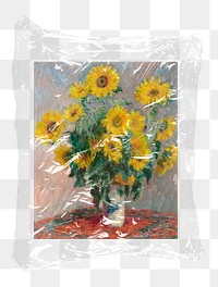 Monet's sunflowers png plastic packaging sticker, transparent background, remixed by rawpixel
