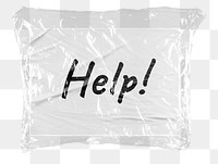 Help png word sticker, plastic covered message, transparent background