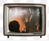 Singer performing png concert sticker, rock band, music on retro television, transparent background