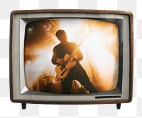 Png guitarist performing concert sticker, rock band, music on retro television, transparent background