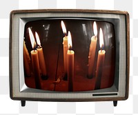 Lit candles png sticker, memorial photo on retro television, transparent background