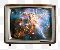 Aesthetic png galaxy sticker, space on retro television, transparent background