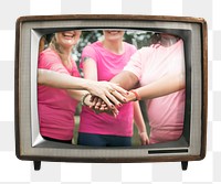 Png breast cancer awareness sticker, women joined hands on retro television, transparent background