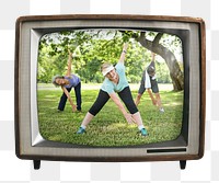 Mature women png exercising sticker, wellness on retro television, transparent background