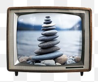 Zen stones png sticker, wellness on retro television, transparent background