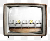 Social distancing png seats sticker, chairs on retro television, transparent background