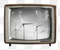 Wind turbines farm png sticker, environment on retro television, transparent background