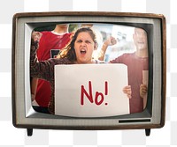 Png woman holding NO sign sticker, protest on retro television, transparent background