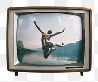 Png man jumping by a lake sticker, travel on retro television, transparent background