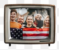 Diverse people png holding American flag sticker, human rights on retro television, transparent background