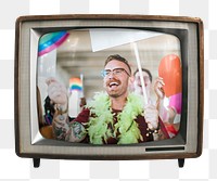 Png LGBTQ peaceful protest sticker, man cheering on retro television, transparent background