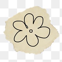 Flower doodle png sticker, brown ripped paper transparent background