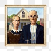 Png American Gothic, Grant Wood, artwork sticker on transparent background, remastered by rawpixel