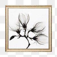 Png black flower silhouette framed sticker, on transparent background