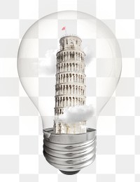 Pisa Tower png sticker, Italian land mark light bulb remixed media, transparent background