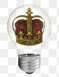 Royal crown png sticker, light bulb vintage creative illustration on transparent background