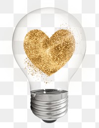 Png gold glittery heart sticker, light bulb Valentine's creative remix on transparent background